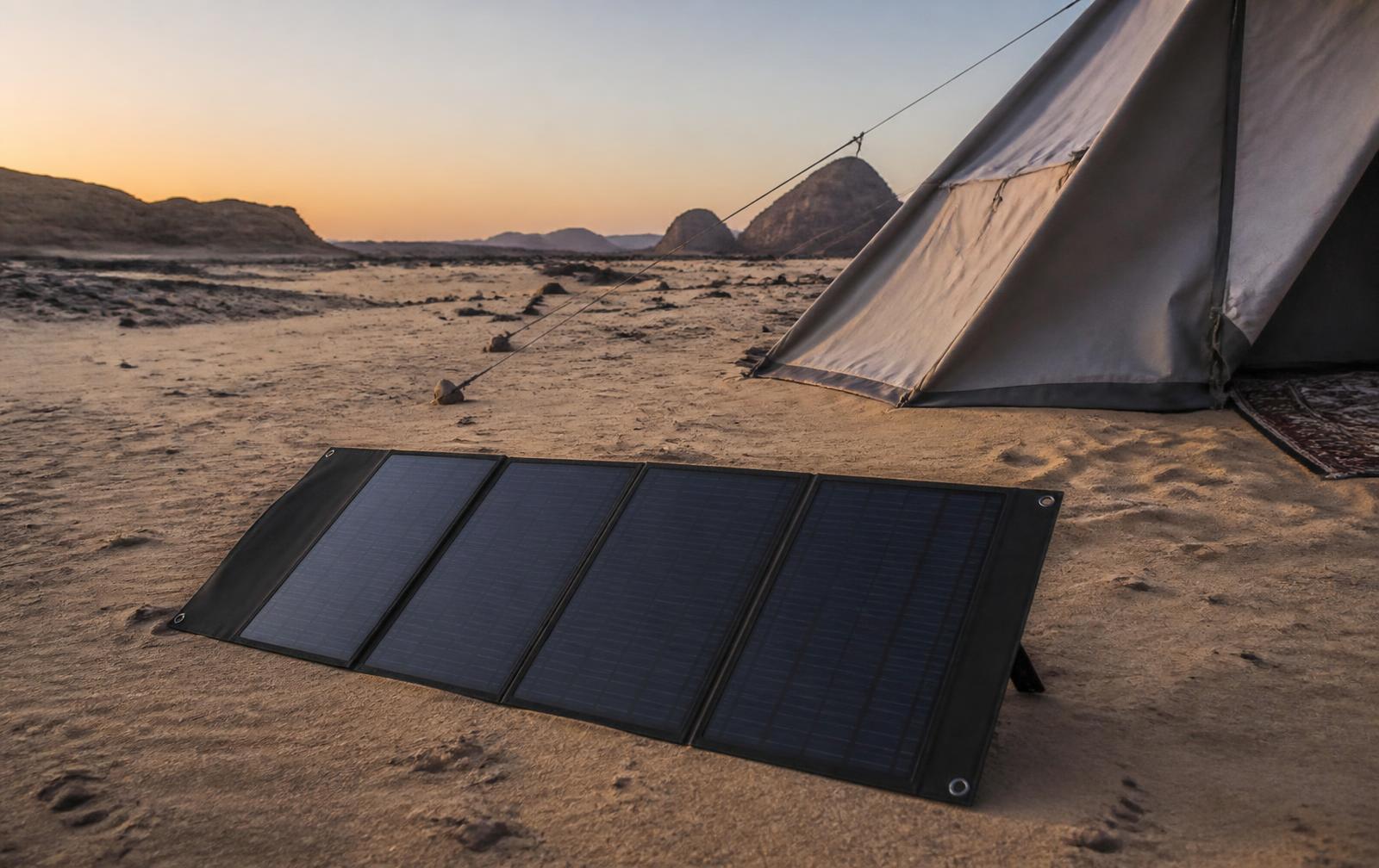 Foldable DESUN panel at a desert camp at dawn
