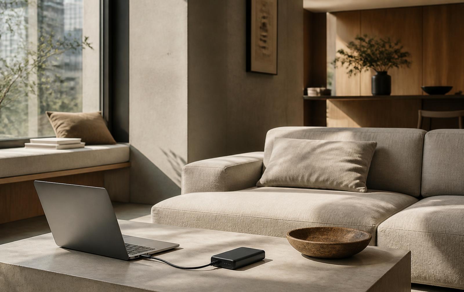 Portable power bank charging a laptop in a calm apartment