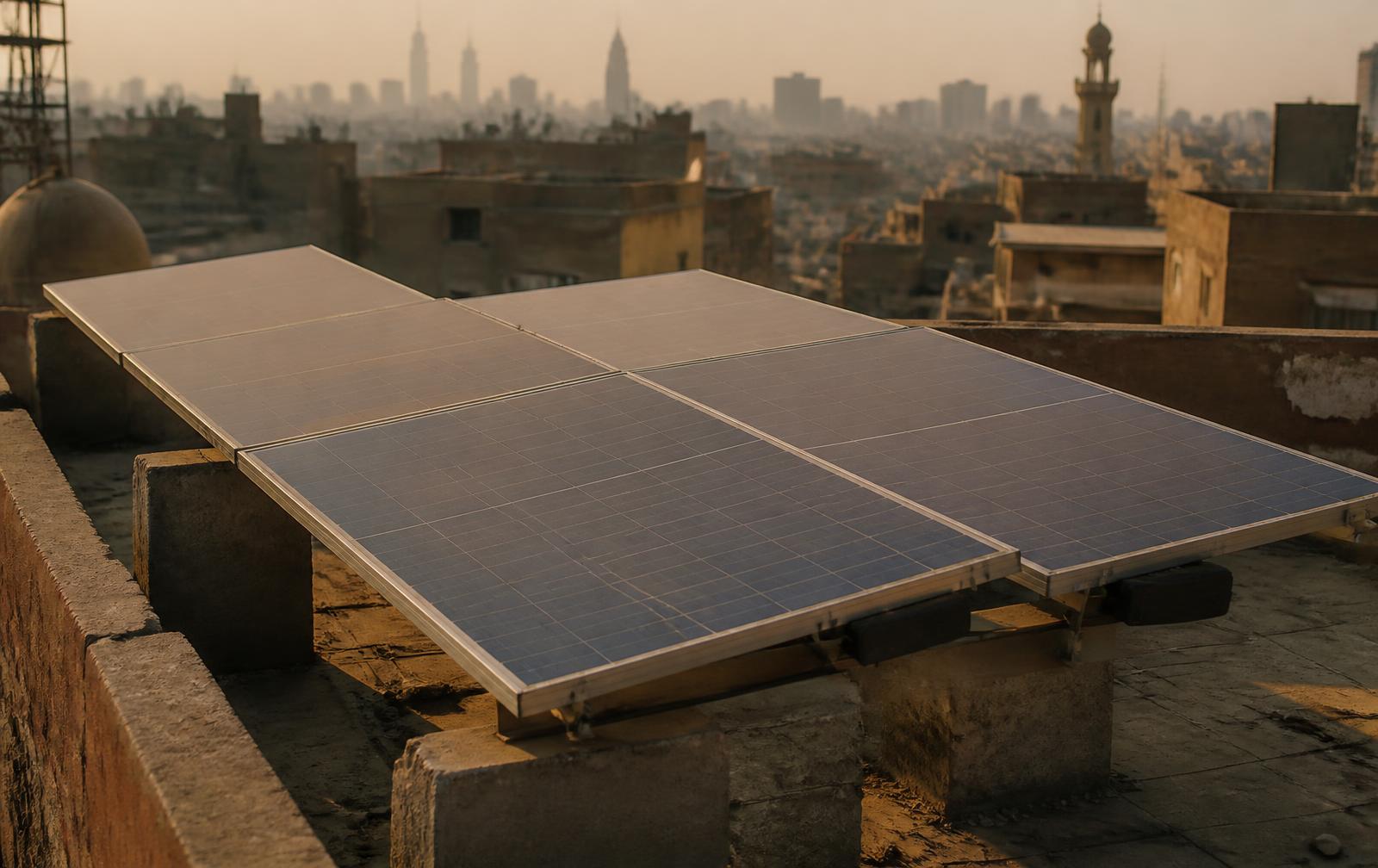 Solar array on a Cairo rooftop at sunset